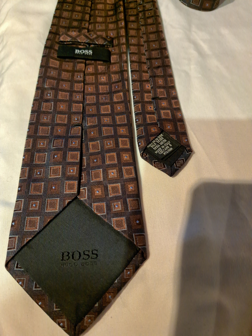BOSS Brown Geometric Silk Tie with Subtle Square Motif